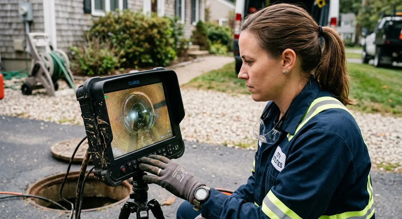 Technician reviewing sewer camera inspection footage in Cleveland