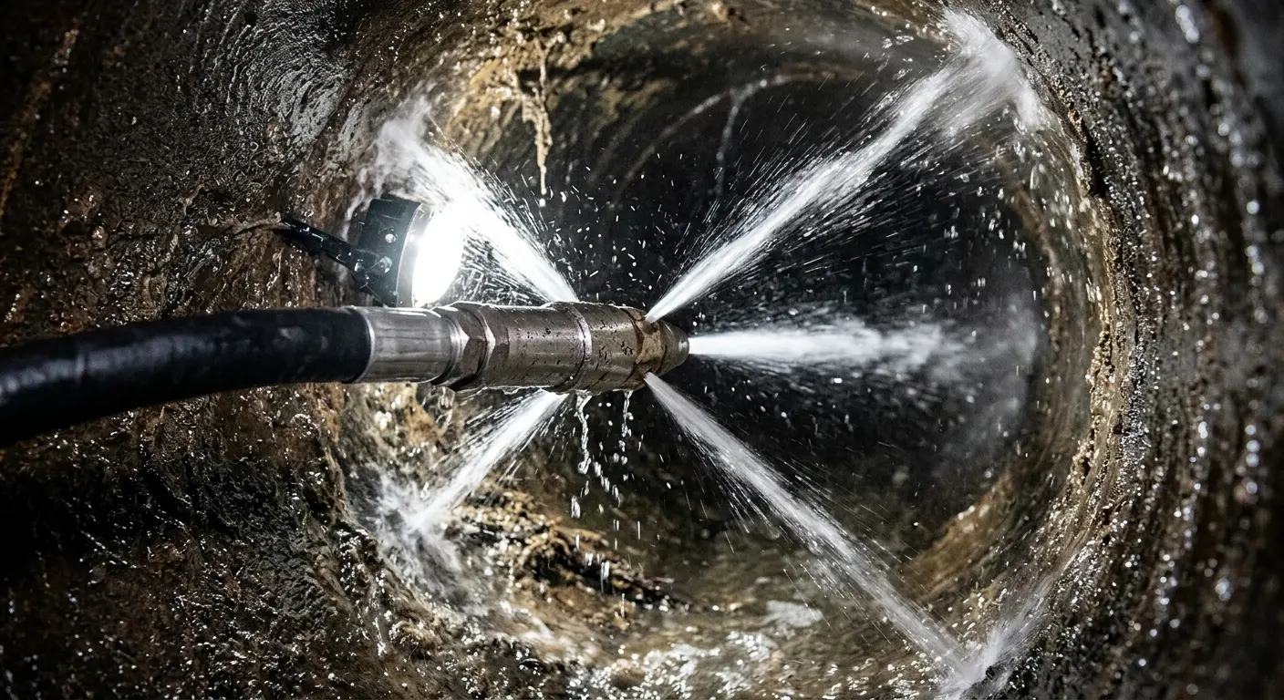 High-pressure hydro jetting nozzle cleaning sewer pipe for Emergency Drain Service in Cleveland