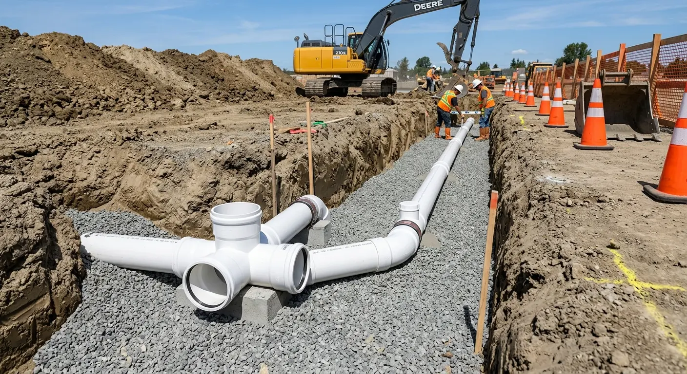 New PVC sewer pipe installation in open trench for Commercial Drain Cleaning in Cleveland