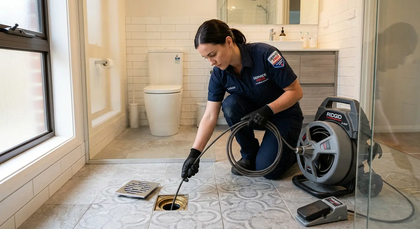 Technician clearing a bathroom floor drain for Clogged Drain Repair in Cleveland